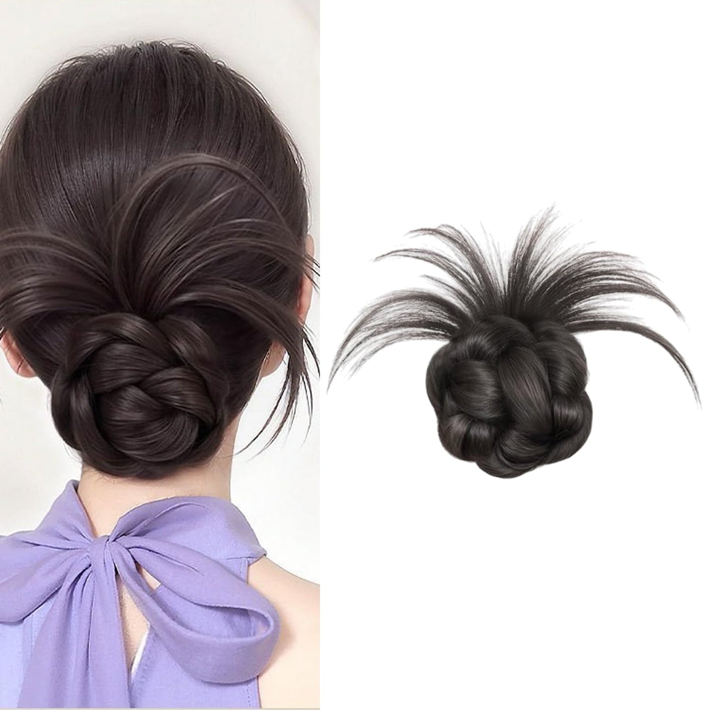 S.A.V.I Clip-On Hair Bun Extension for Women, Natural Black Messy Bun Scrunchie, Synthetic Fiber Twisted Updo Hairpiece with Grip Clip, Medium Round Juda for Casual & Party Styling
