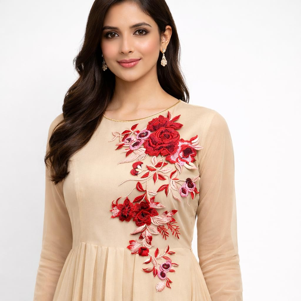S.A.V.I Red & Pink Floral Embroidered Lace Applique Patch (21x50 cm), Net Fabric Vertical Vine Design, Sew-On for Dress, Gown, Blouse & Lehenga Decoration (Red)