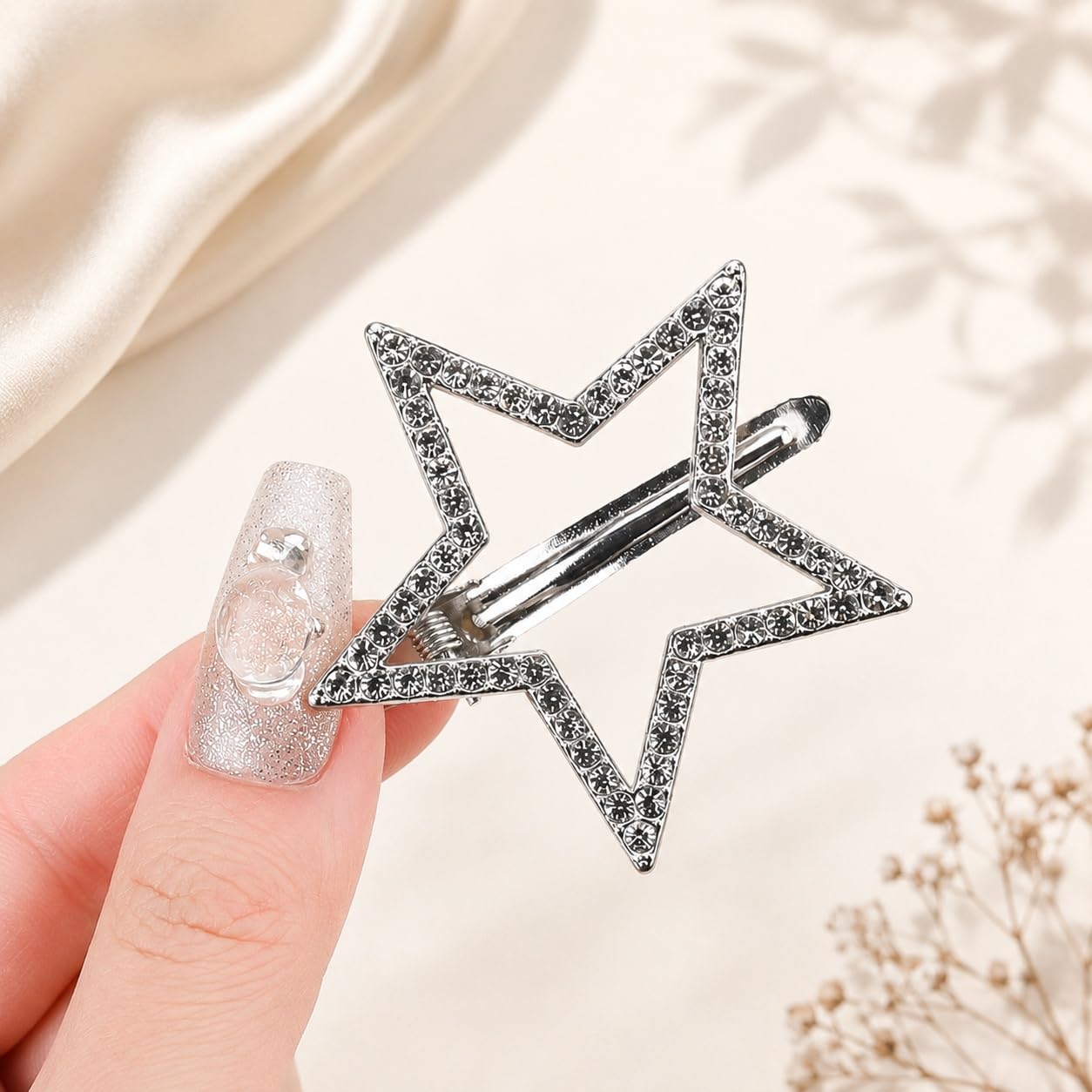 S.A.V.I Star Hair Clips for Women & Girls, Rhinestone Silver 4cm | 2 Pc Metal Barrettes, Crystal Embellishment, Strong Hold, Daily & Parties