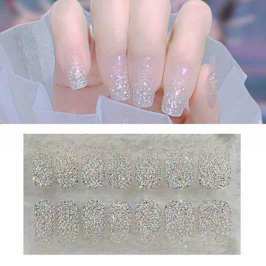 S.A.V.I Silver Glitter Ombre Nail Stickers - 14 PCS Gel Effect, Self-Adhesive  Easy Use