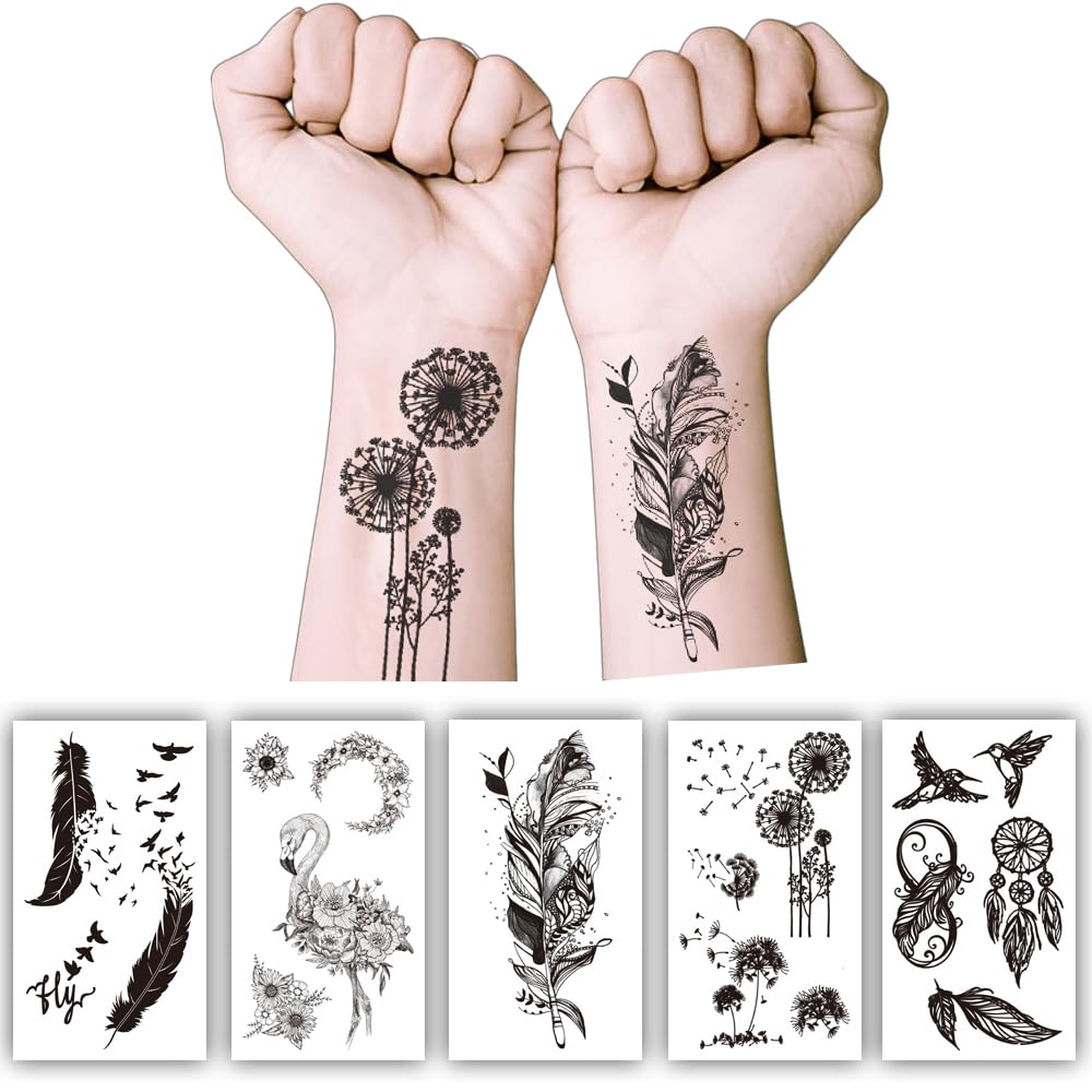 S.A.V.I 5 Mixed Design Sheets | Safe Non-Toxic Black Feather & Floral Temporary Tattoo Stickers for Women & Girls | Waterproof, Easy to Apply | (10.5x6 cm) for Wrist, Shoulder, Back & Arm (58)