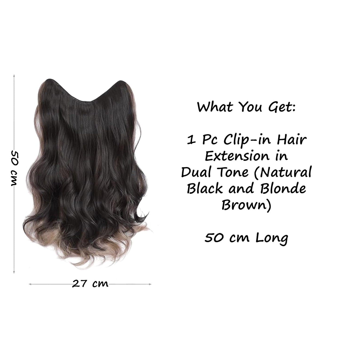 S.A.V.I U-Shape Clip-In Hair Extension for Women, Natural Black & Blonde Brown Dual Tone, 50cm Long Wavy Synthetic Hair Topper, Volumizer, Length Enhancer with Secure Clips