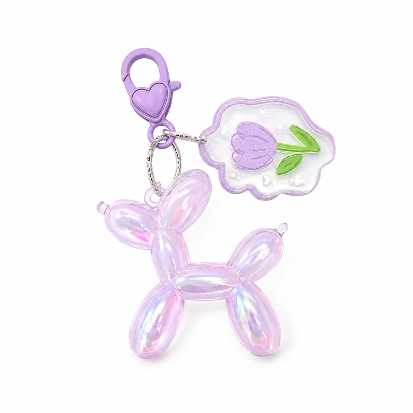 S.A.V.I Balloon Dog Keychain Resin Bag Charm Purple Pendant, Aurora Finish, 5.2 x 4.7 cm, Lightweight Accessory for Bags & Keys, Heart Clasp with Floral Charm, Gift for Girls & Women