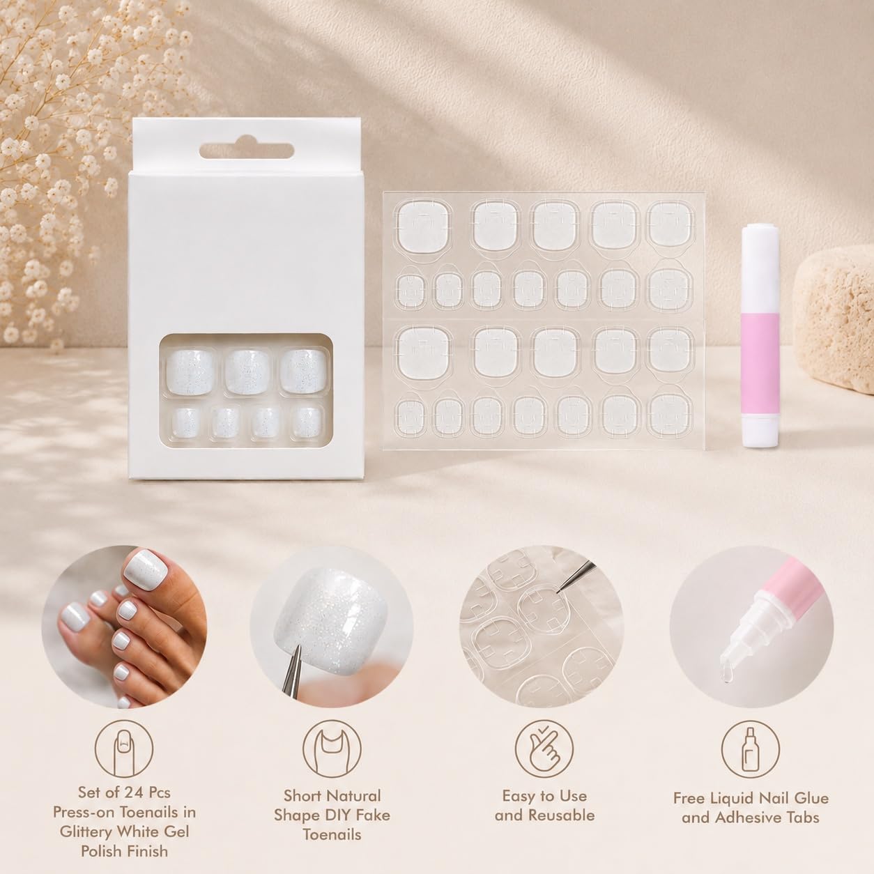 S.A.V.I Press on Toenails Glittery White Short Square 24 Pcs