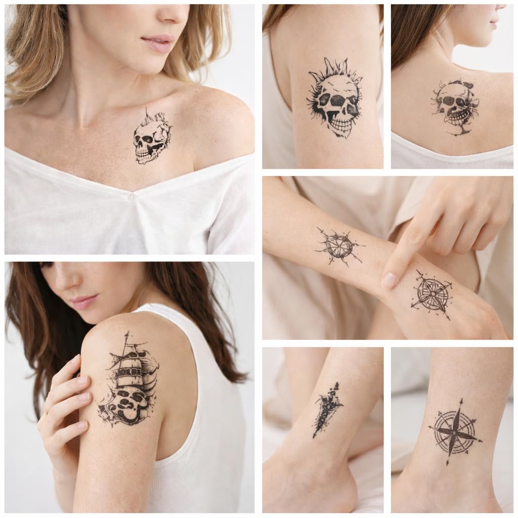 S.A.V.I Black Skull Pirate Temporary Tattoos – 10 Sheets Waterproof Non-Toxic Body Art Stickers for Men & Women, Gothic Punk Design Transfer Tattoos for Arm, Neck & Shoulder (6.8x12 cm) (#331)