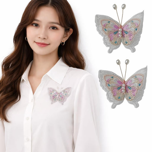 S.A.V.I White & Purple Butterfly Embroidered Sew-On Appliqué Patch Pair 6.5 x 6 cm | Pearl Beaded Lace Fabric Motifs for Dresses, Blouses, Sarees & DIY Craft Decor (Purple)