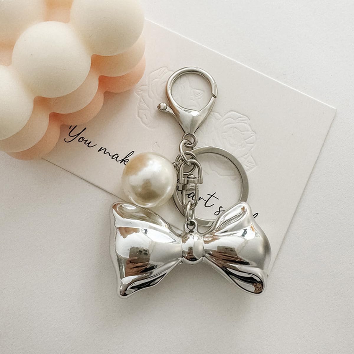 S.A.V.I Pearl Bow Keychain for Women, Silver Alloy Bag Charm Key Ring, Elegant handbag accessory with lobster clasp, lightweight decorative pendant for purses, backpacks, car keys & gifting