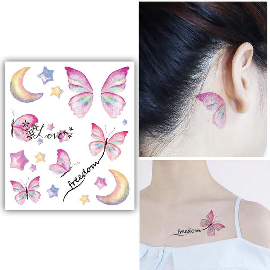 S.A.V.I Glitter Temporary Tattoo - Butterfly, Stars  Moon with Love Text - Waterproof for Women  Girls