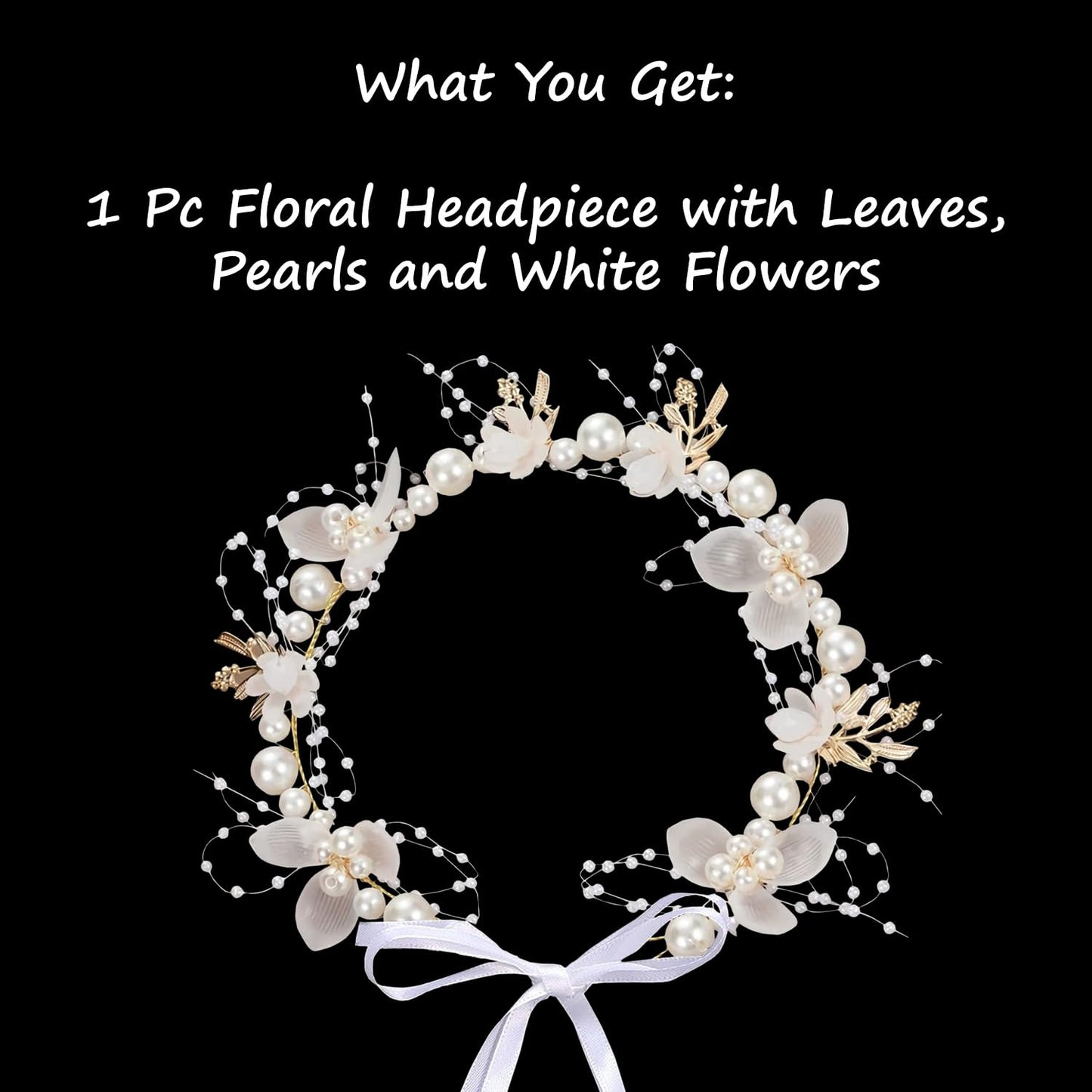 S.A.V.I White Floral Pearl Headband for Girls & Women | Adjustable Boho Bridal Hair Crown Tiara | Alloy Faux Pearl Acrylic Flower Leaf Design | Wedding Party Princess Hair Accessory