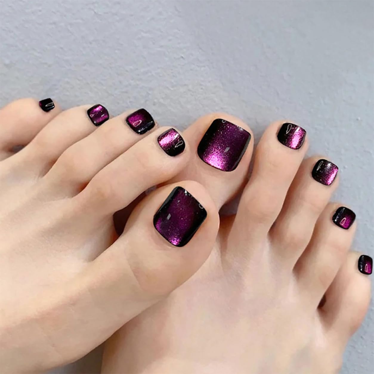 S.A.V.I Press on Toenails 24 Pcs Purple Cat Eye Short Square Tips