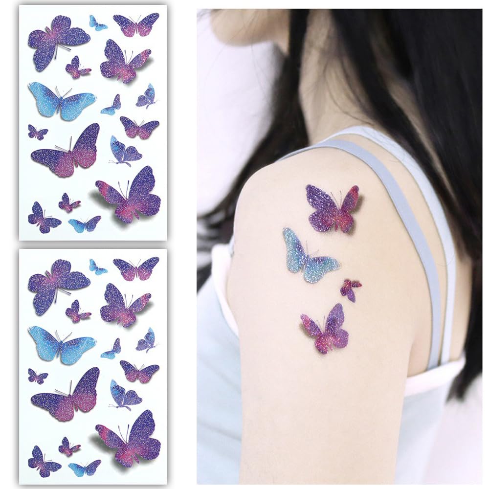 S.A.V.I 2pcs Glittery Butterfly Temporary Tattoo Stickers, Sparkling Purple  Blue, Waterproof Body Art for Kids  Adults, 7.5x12 cm, for Parties, Festivals,  Gifts