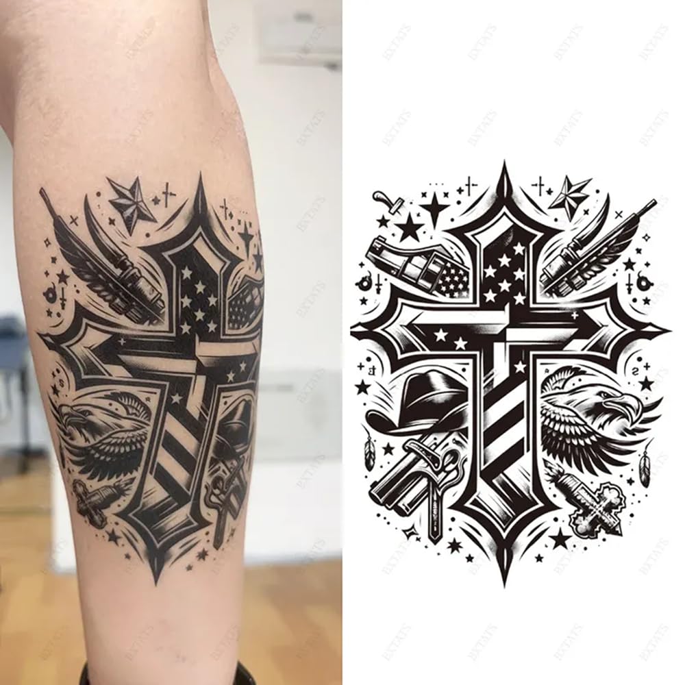 S.A.V.I 1 Pc Black Cross Temporary Tattoo for Men – 21x11 cm | Waterproof Long-Lasting Body Art with American Eagle & Flag | Non-Toxic, Easy to Apply & Remove | Arm Tattoo Sticker