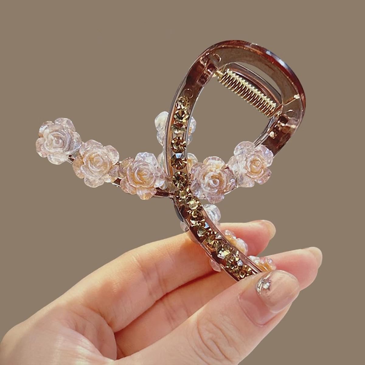 S.A.V.I Beige Resin Flower Hair Claw Clip for Women (8 cm) | Rhinestone Floral Design, Durable Acrylic Curved Clutch, Strong Grip Hair Accessory for Bun, Updo & Daily Styling