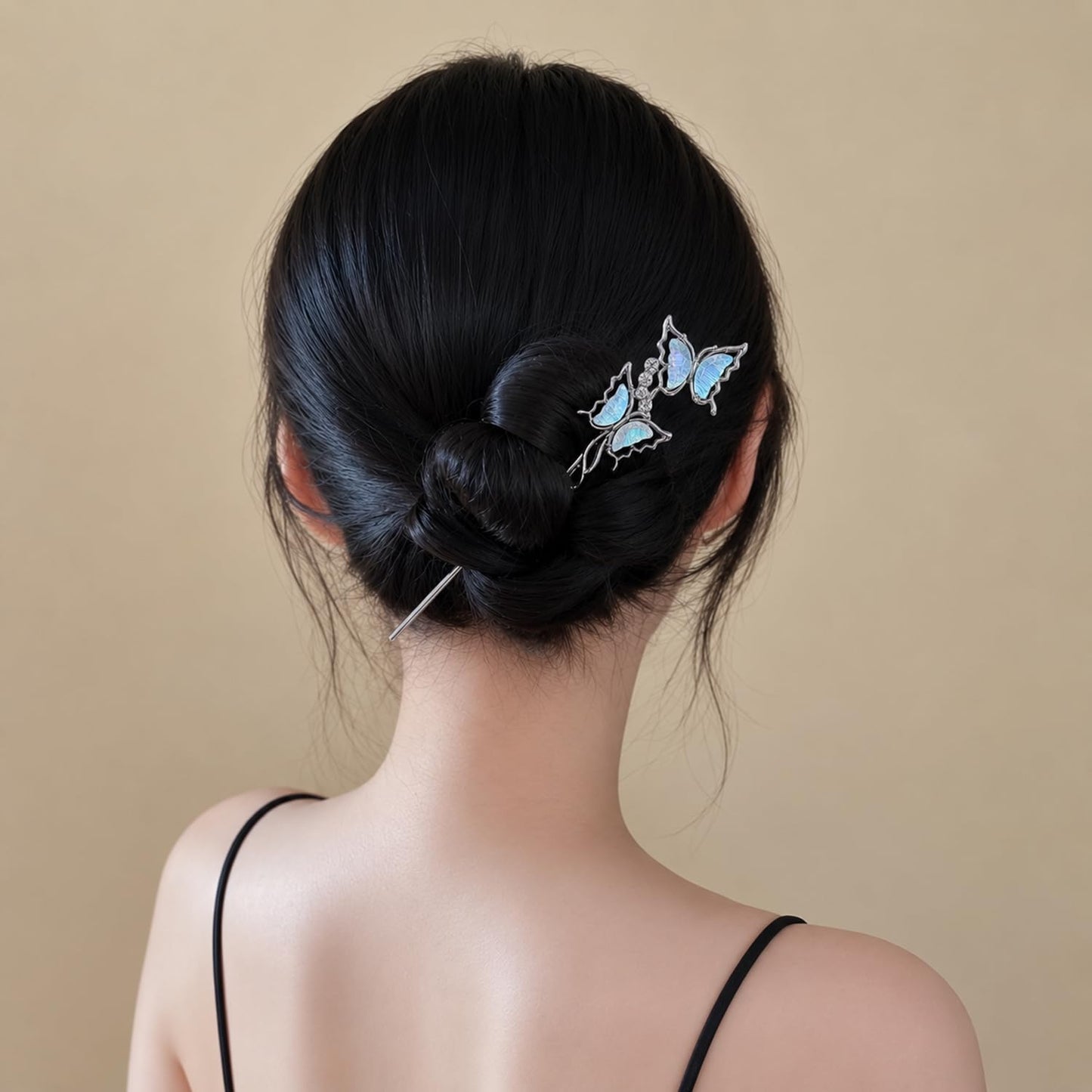 S.A.V.I Moonstone Butterfly Hair Stick Silver Blue 18 cm, Silver-Blue Alloy Bun Accessory, Lightweight, Elegant Updo Holder for Daily, Parties & Festive Looks