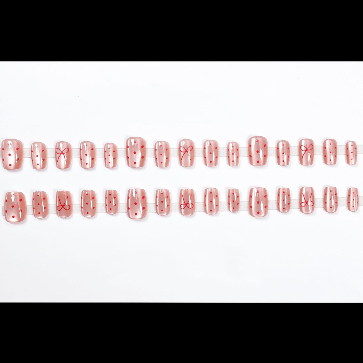 S.A.V.I Reusable Press-On Nails for Women, Short Natural Shape, Pink Cat Eye Finish with Red Polka Dots & Bow Design, Glossy ABS Manicure Set 30 Pcs with Glue & Adhesive Tabs