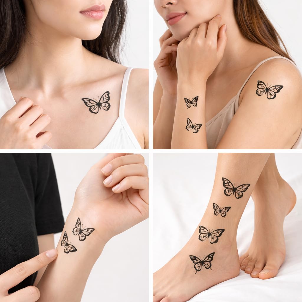 S.A.V.I 10 Sheets Black Butterfly Temporary Tattoo Stickers (6.8 x 12 cm) Realistic Floral Wing Designs | Waterproof, Safe & Non-Toxic | Long Lasting Body Art for Women & Girls (#322)