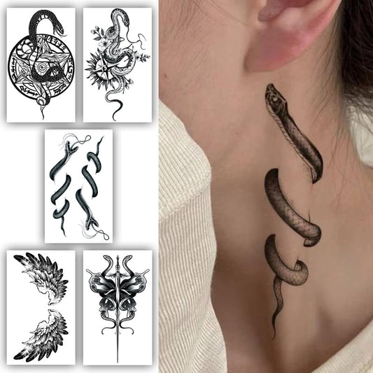 S.A.V.I Pack of 5 Temporary Tattoo Sheets for Men  Women - Waterproof, Long-Lasting Black Snake, Wings  Gothic Designs - Ideal for Body Art, Parties  Events - 10.5X6cm Each