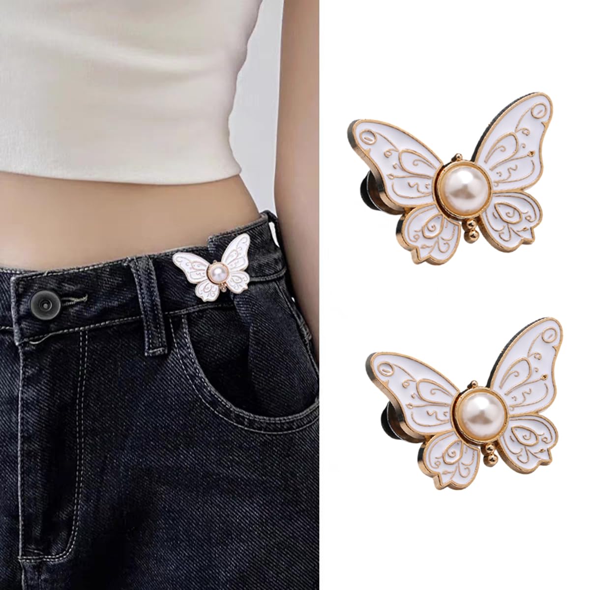 S.A.V.I 2 Pcs Butterfly Pant Waist Tightener Clip, No Sew Adjustable Button for Loose Jeans Dresses Skirts, White Pearl Metal Waist Buckle, Lightweight Perfect Fit (3cm x 2.5cm)