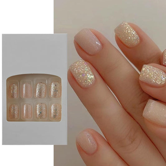 S.A.V.I 24 PCs Short Square Shape Nude and Glitter Press-on Fake Nails | DIY Manicure Kit | Long-Lasting, Easy to Apply, Salon-Quality at Home