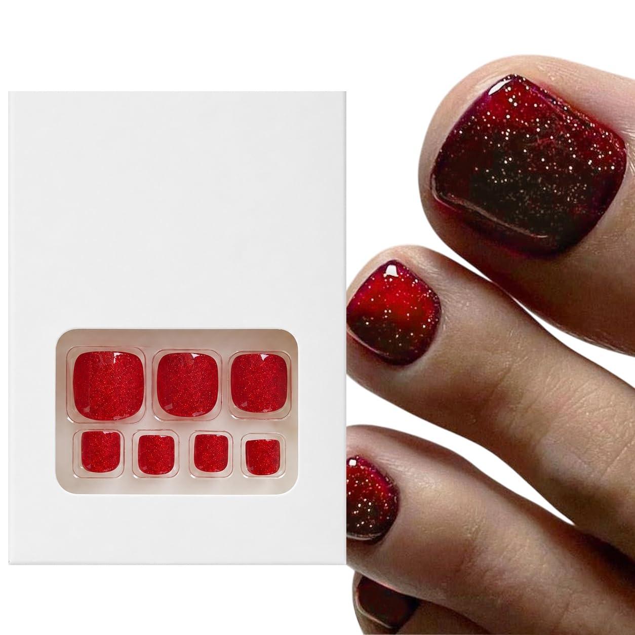 S.A.V.I Press on Toenails 24 Pcs Glittery Red Short Square Shape