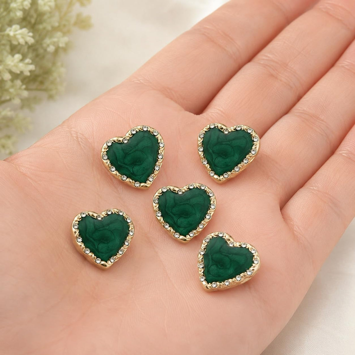 S.A.V.I Heart Crystal Shank Buttons Emerald Green 15mm Set of 5 | Rhinestone Embellishments, Gold-Tone Border, for Blouse & Saree, DIY Sewing, for Kurti & Dress