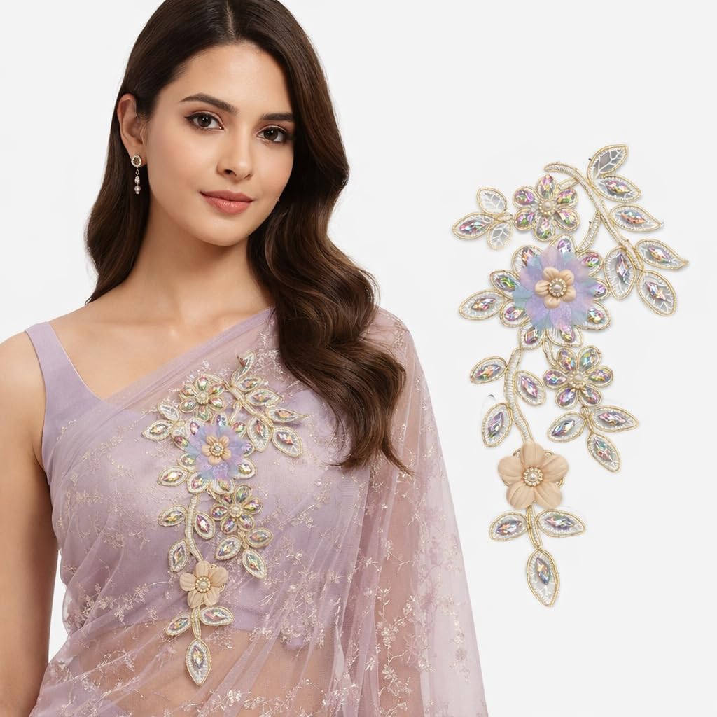 S.A.V.I Platinum Pastel Lavender Floral Vine Embroidered Applique Sew-On Patch, 27 x 14 cm, Beaded Pearl & Stone Work for Ethnic, Bridal & Evening Crafting (Left, Platinum, OneSize)