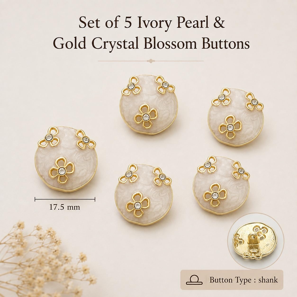 S.A.V.I Pearl Buttons for Kurti & Blouse, Ivory Gold Floral Crystal, 17.5mm | Set of 5, Shank Design, Ethnic Wear, DIY Crafts, Sewing Embellishments