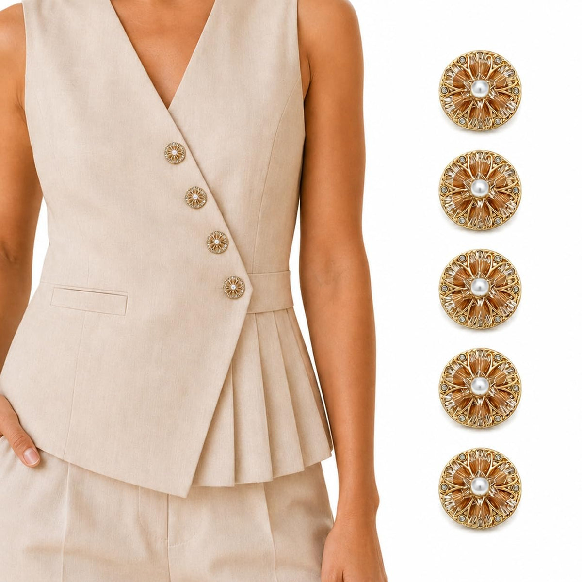 S.A.V.I Pearl Rhinestone Shank Buttons Gold Tone Crystal 17.5mm | Set of 5, Floral Embellishments, For Blazers & Jackets, Sewing Crafts, For Dresses