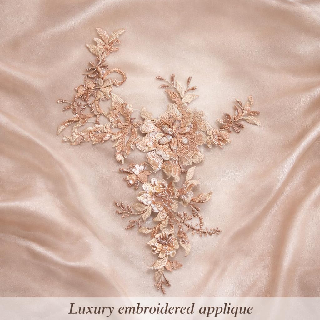 S.A.V.I Light Café Peach Floral Embroidered Applique Patch 29x25 cm, Net Fabric with 3D Sequin & Thread Work, Asymmetrical Sew-On Motif for Blouse Saree Lehenga Gowns (Light Coffee)