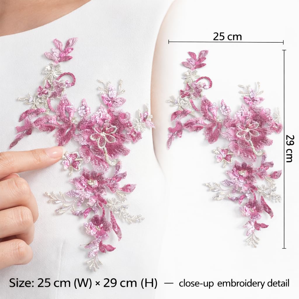 S.A.V.I Rose Pink Floral Sequin Embroidered Sew-On Appliqué Patch, 25 x 29 cm, Net Fabric 3D Flower Design for Blouse, Saree, Lehenga & Anarkali Dress Decoration (Rose)