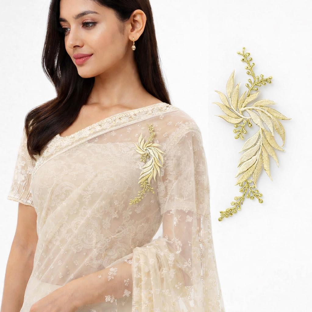 S.A.V.I Yellow & Silver Floral Iron-On Embroidered Appliqué Patch 7.5 x 17 cm | Leaf Motif Threadwork Design for Dresses, Sarees, Blouses & DIY Fabric Craft (Right, Yellow, 7.5 x 17 cm)