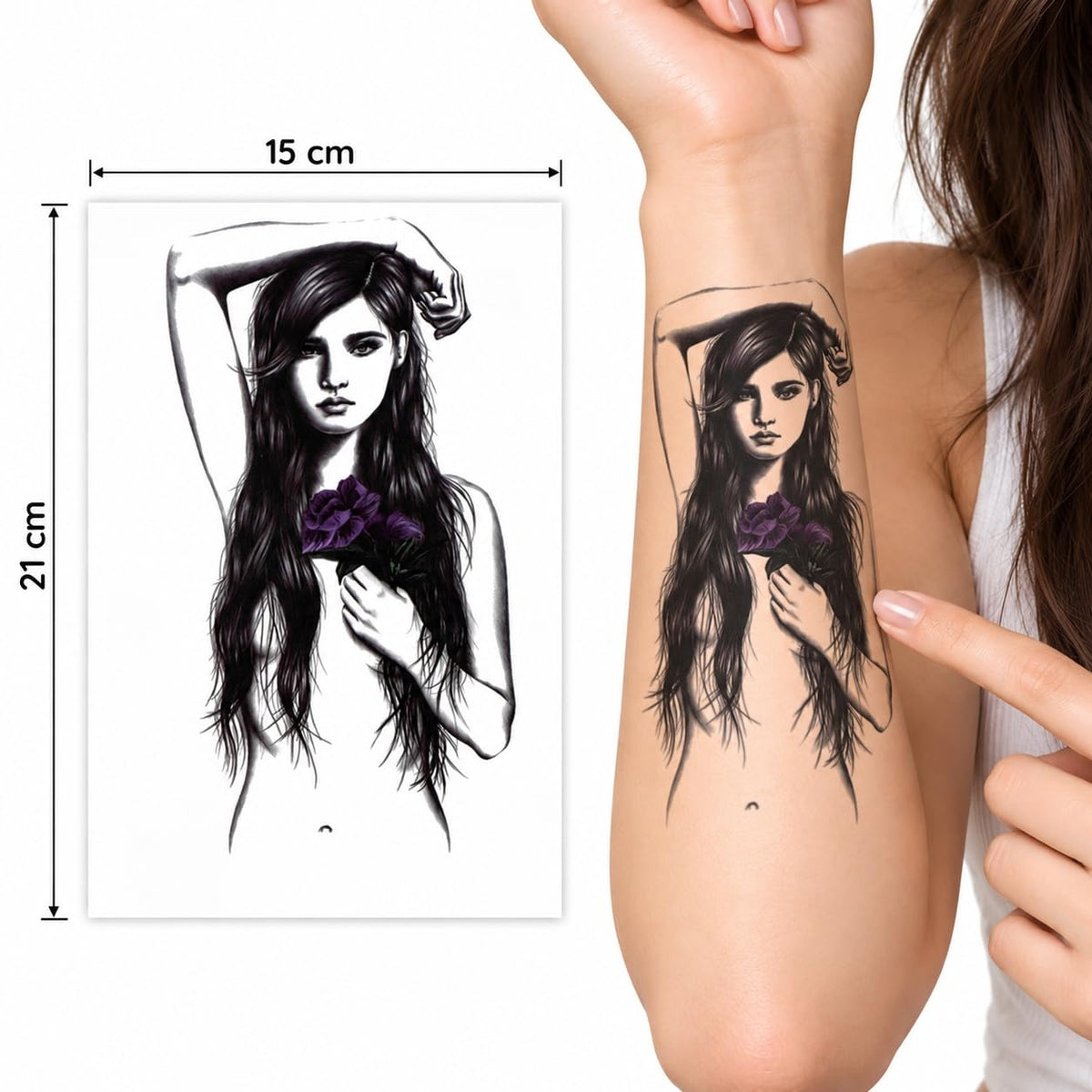 S.A.V.I Temporary Tattoo Stickers Floral Girl Portrait with Purple Rose