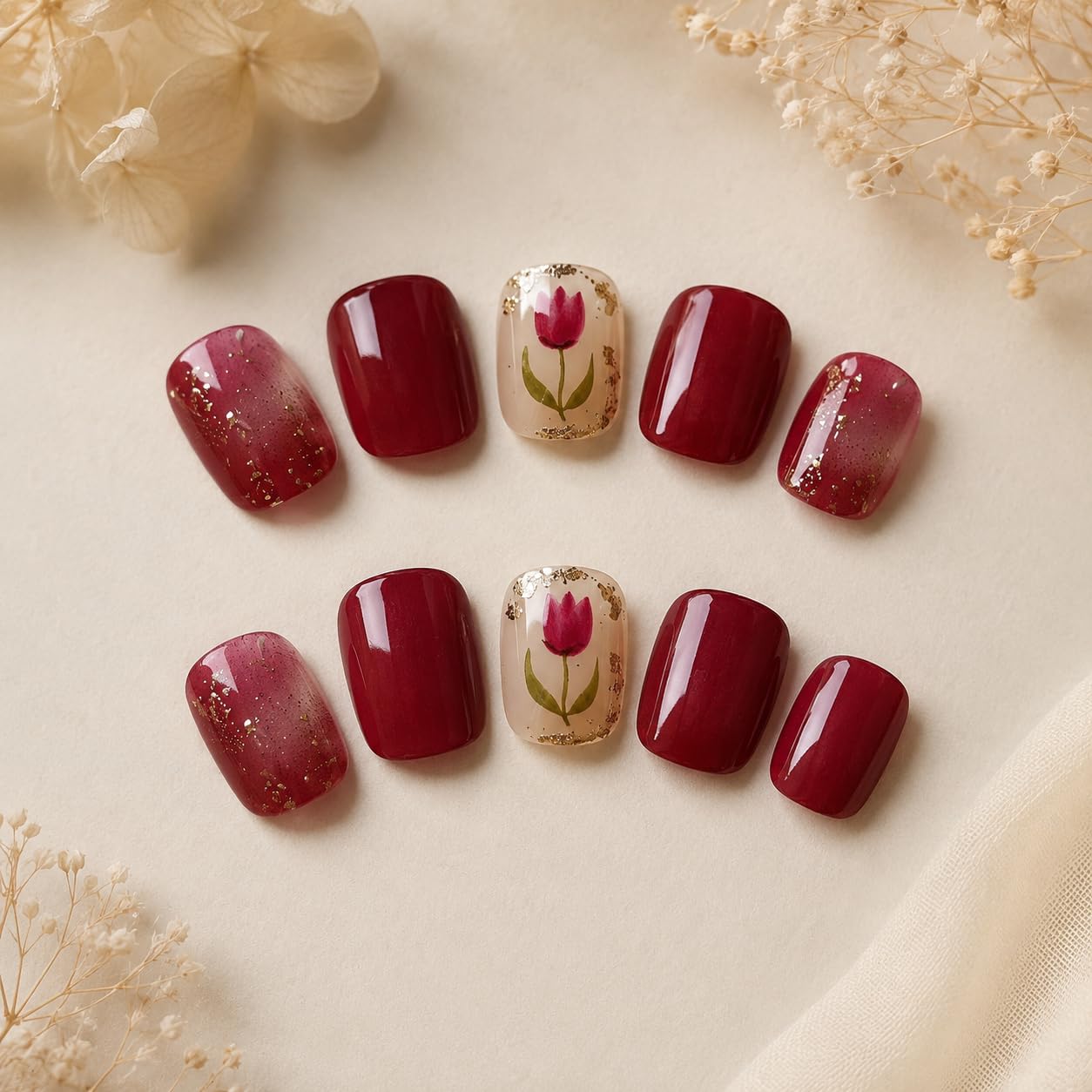 S.A.V.I Press on Nails Short Maroon Tulip Floral 24 Pcs | Reusable Glossy Manicure Kit with Glue, Adhesive Tabs, Tulip Art, Natural Fit for Women