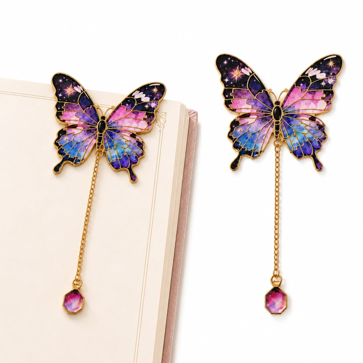 S.A.V.I Butterfly Bookmark Purple Pink Enamel with Chain Charm 14 cm | Colorful Enamel Finish, Durable Alloy Metal, Hanging Charm Pendant, 5 cm x 14 cm Size, For Women & Students