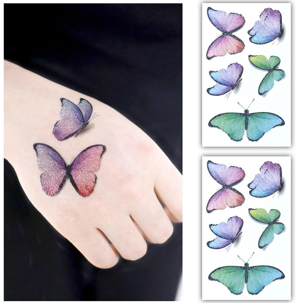 S.A.V.I 2pcs Glittery Butterfly Temporary Tattoo Stickers – Multicolor Purple, Pink, Green  Blue, Waterproof, Sparkling Glitter Finish, 7.5x12 cm, Long-Lasting Tattoos for Kids  Adults
