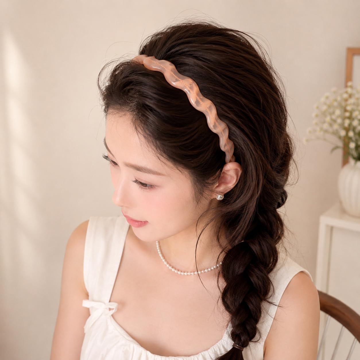 S.A.V.I Resin Wavy Headband for Women & Girls, Blush Peach | Translucent Hair Band, 14 cm, Lightweight, Casual & Formal Styling, Comfortable Fit