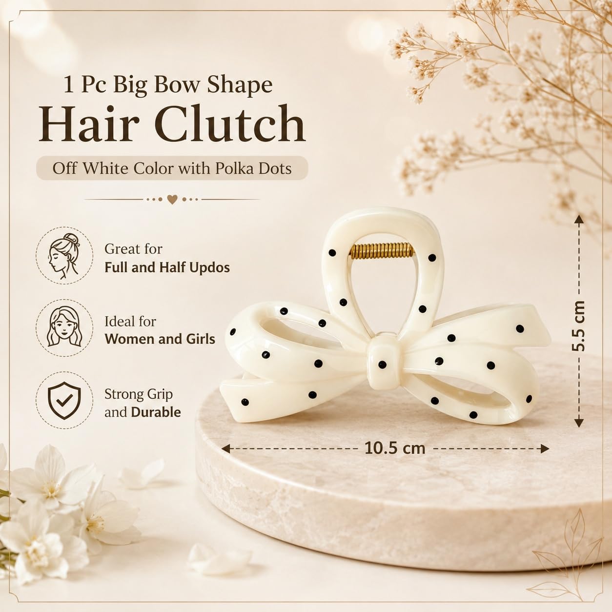 S.A.V.I Bow Hair Claw Clip Large Polka Dot Off White, 10.5 cm | Strong Acrylic Clutcher, Secure Hold, Thick Hair, Half & Full Updos, 1 Piece