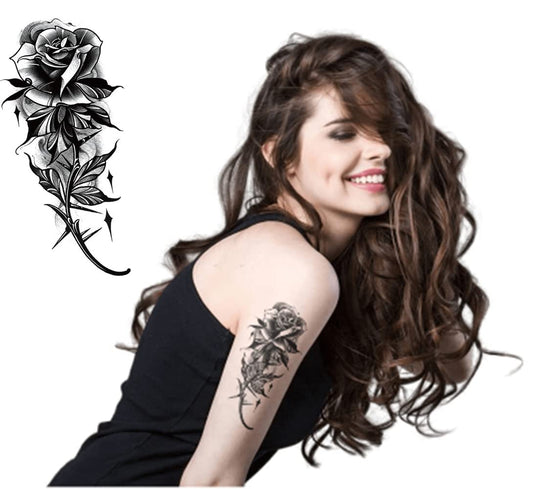 S.A.V.I Temporary Tattoo Stickers for Women, 1 Big Rose Flower with Leaves, Black Color Fake Tattoos For Girls, Size -21x10CM