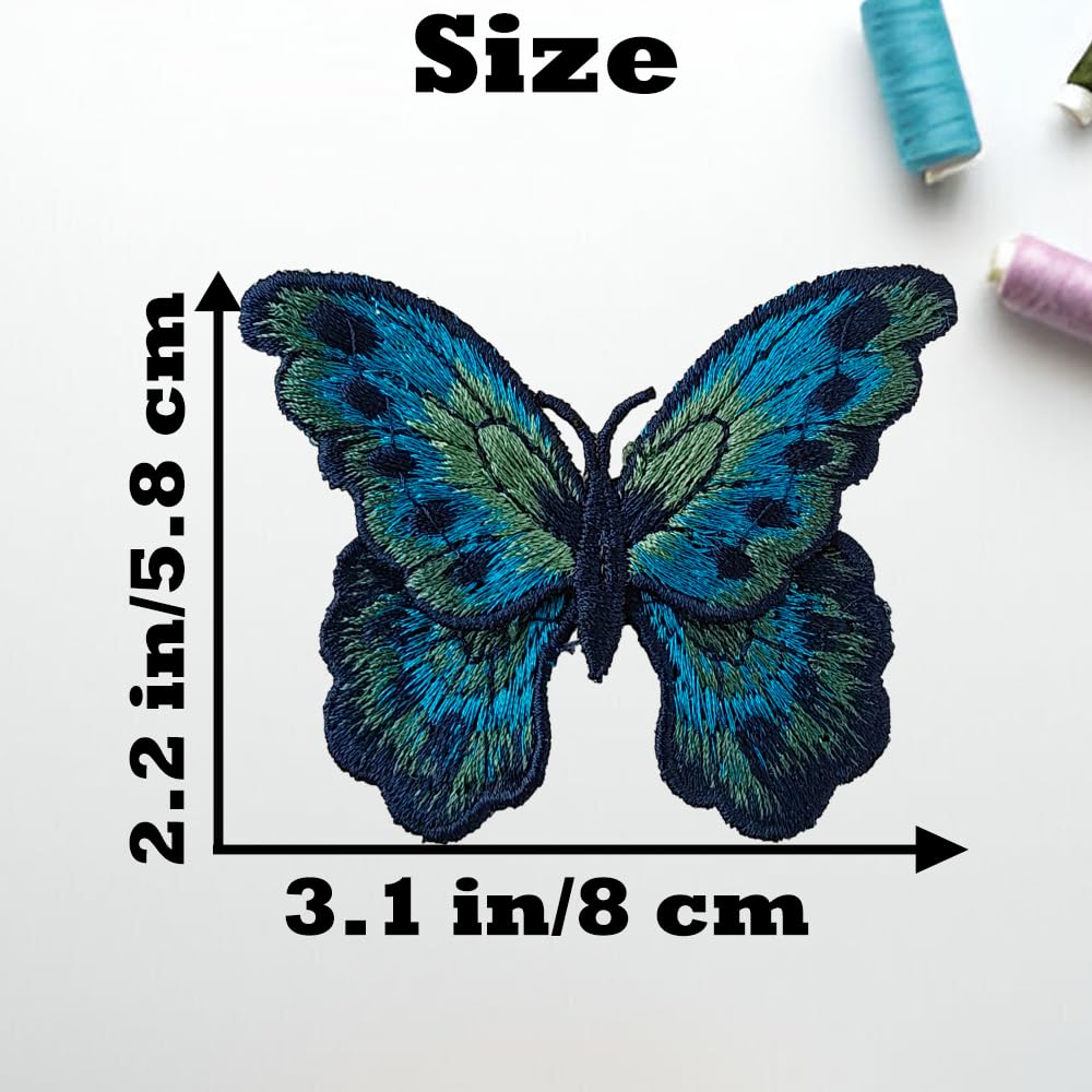 S.A.V.I 2 Pcs Handcrafted Peacock Blue & Green Butterfly Sew-On Embroidered Patch (8 x 5.8 cm) | Fabric Appliqué for Clothing, Jackets, Dresses, Bags & DIY Decor (Peacock Blue)