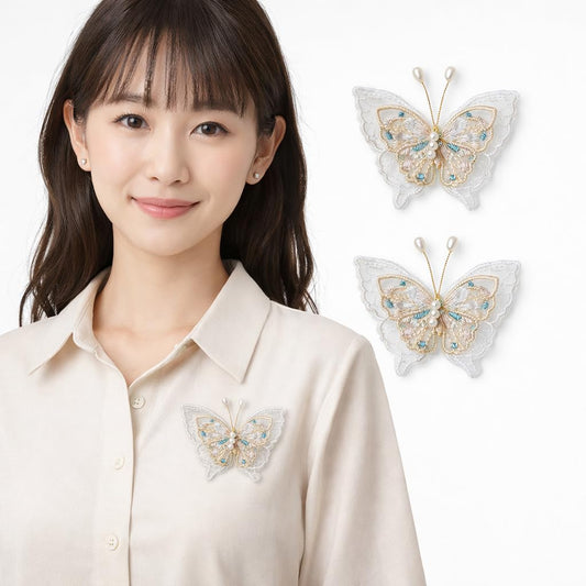 S.A.V.I White & Gold Butterfly Embroidered Sew-On Appliqué Patch Pair 6.5 x 6 cm | Pearl Beaded Lace Fabric Motifs for Dresses, Blouses, Sarees & DIY Craft Decor (Green)