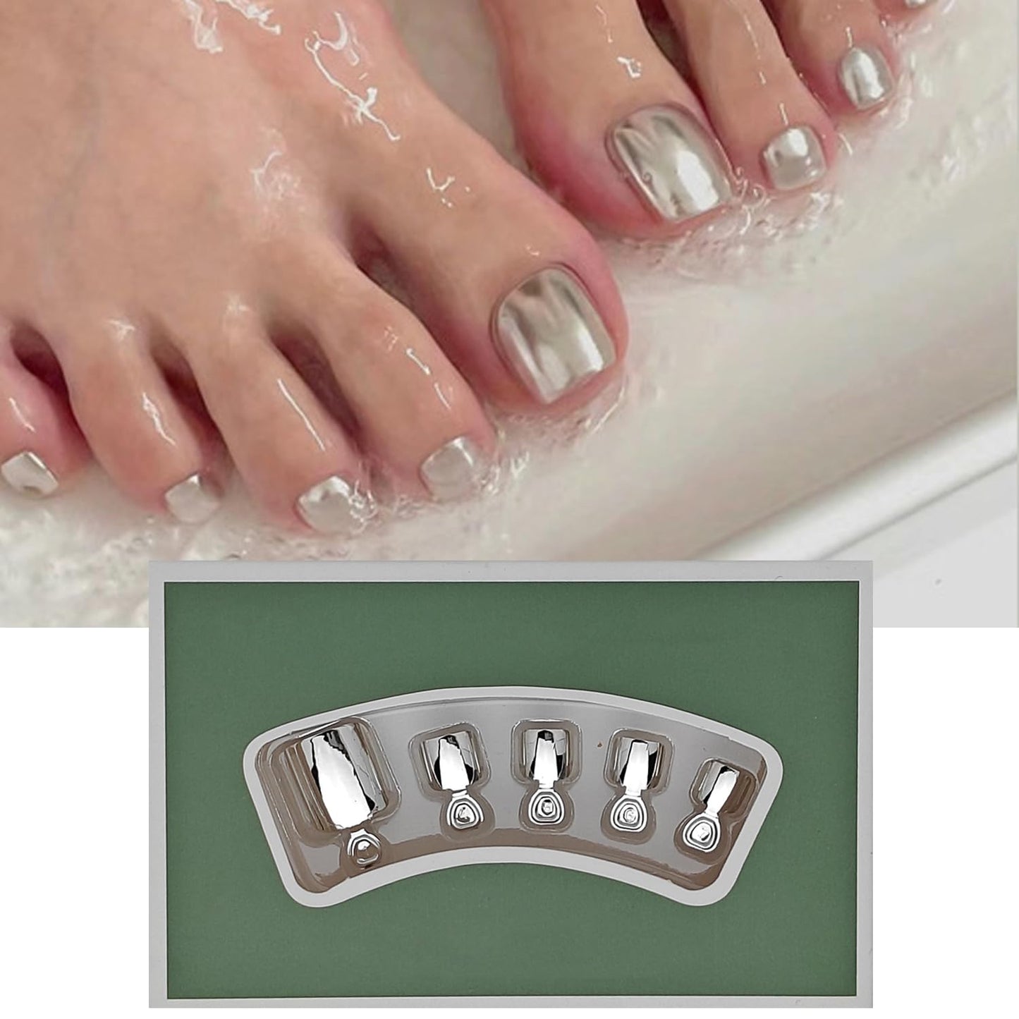S.A.V.I Long Almond Press On Nails Nude & Gold, 3D Chrome Abstract Design, Glossy Acrylic Fake Nails, 24 Pcs Reusable Set with Free Glue & Adhesive Tabs for Women