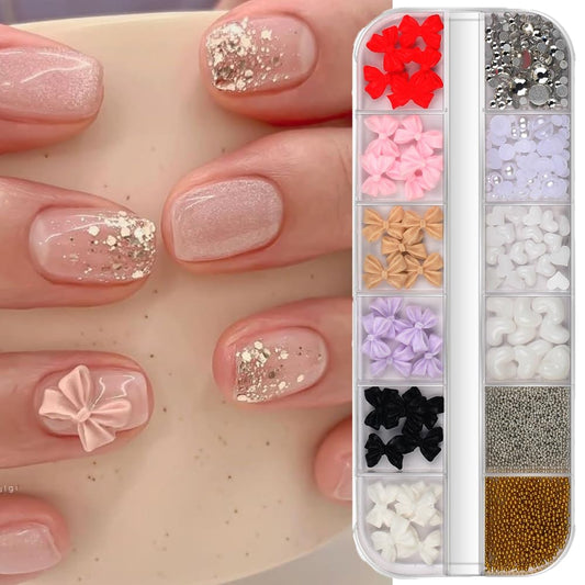 S.A.V.I 3D Nail Art Decoration | 12-Section Multicolor Flatback Set with 30 Bows, Pearls, Hearts, Rhinestones & Beads | DIY Nail Accessories for Girls & Women | Salon & Home Use