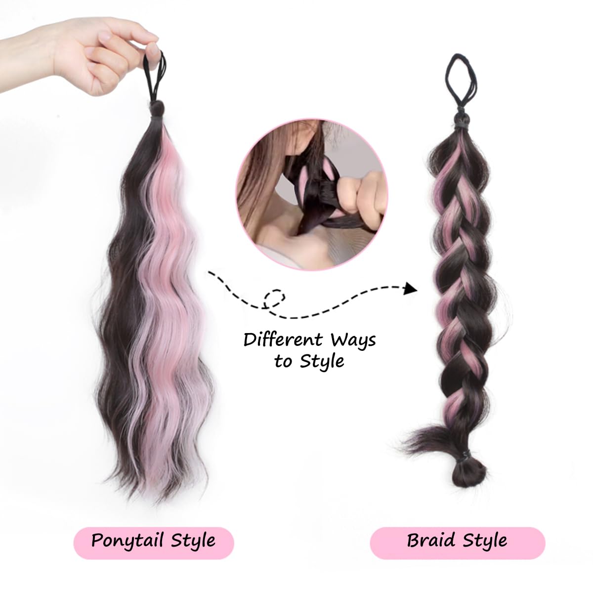 S.A.V.I Black & Pink Highlight Ponytail Hair Extension for Women & Girls | 55 cm Wavy Synthetic Clip-On Hairpiece with Elastic Band | Braiding Pony Tail for Party, Cosplay & Daily Styling