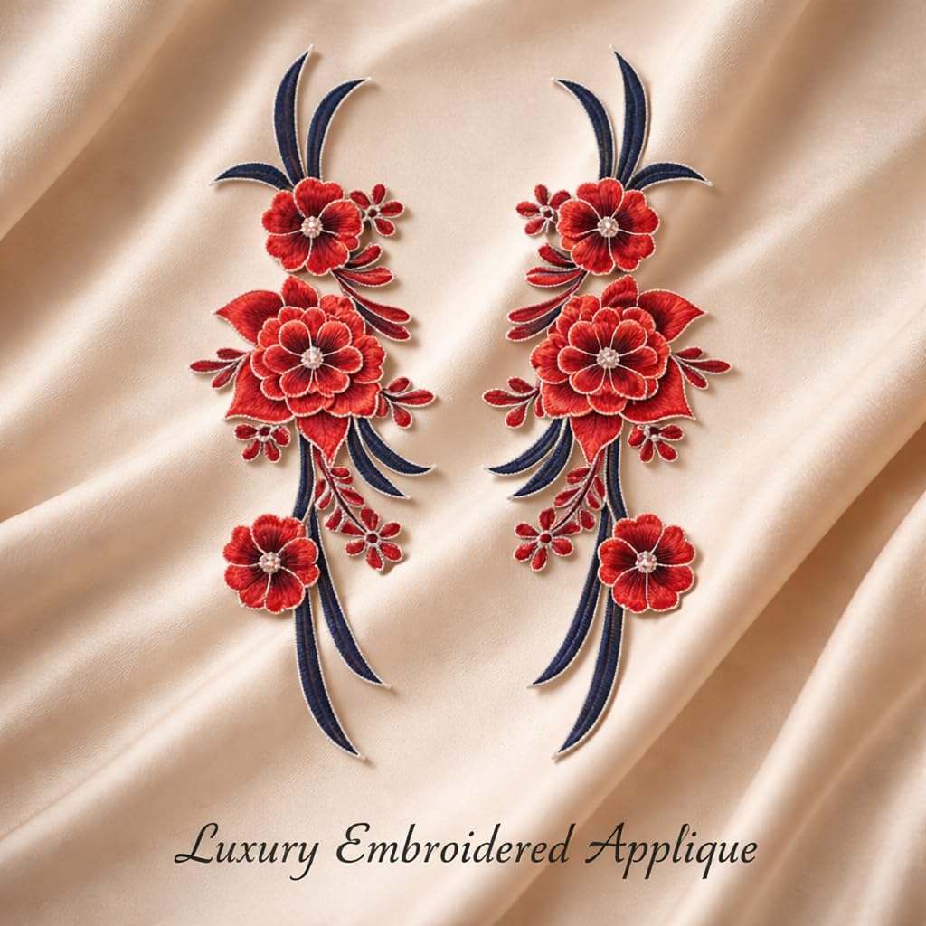S.A.V.I Pair of Red & Navy Floral Embroidered Sew-On Applique (12.5 x 33.5 cm), Fabric Flower Patch for Women Dresses, Gowns, Kurtis & Blouses (Red)