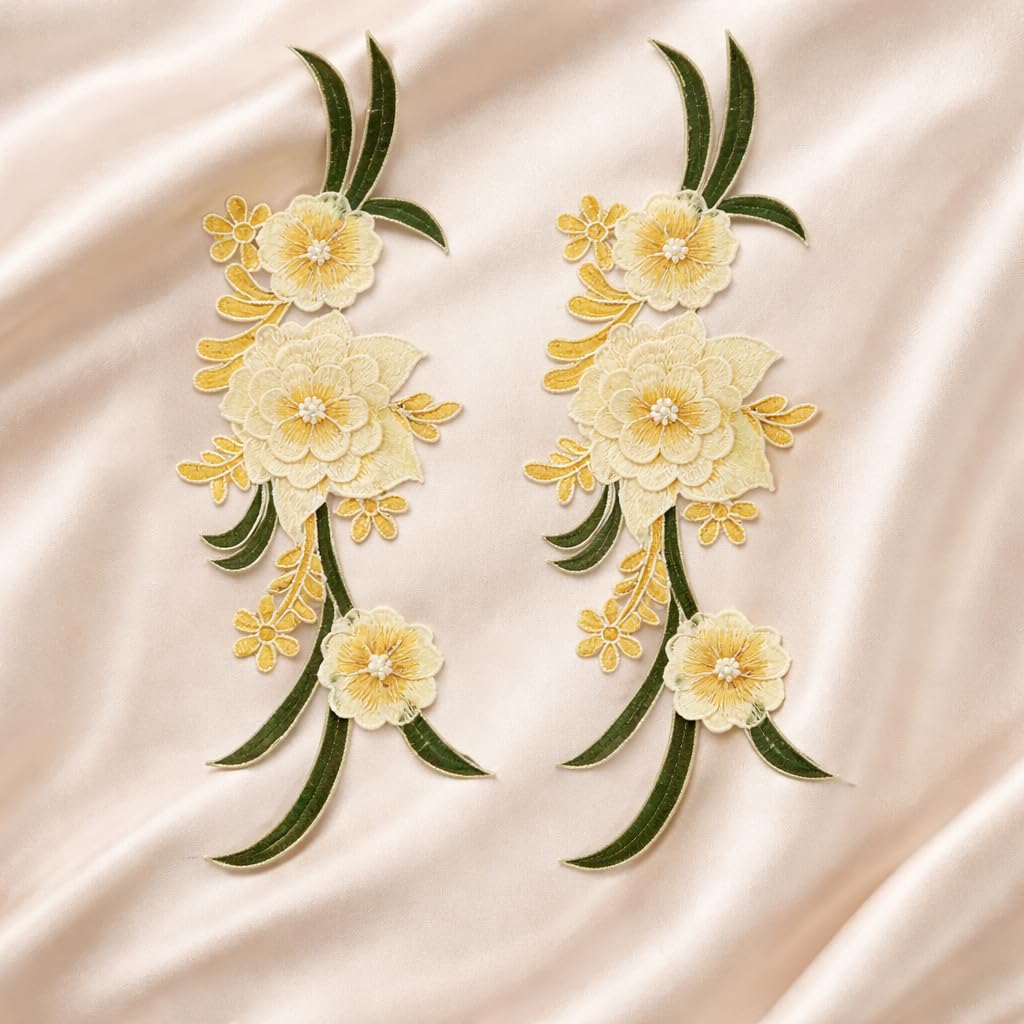 S.A.V.I Pair of Yellow & Gold Embroidered Floral Sew-On Appliqué (12.5 x 33.5 cm) | Fabric Lace Flower Patch for Blouse, Gown, Kurti & Dress Neckline Decor (Yellow-Gold)