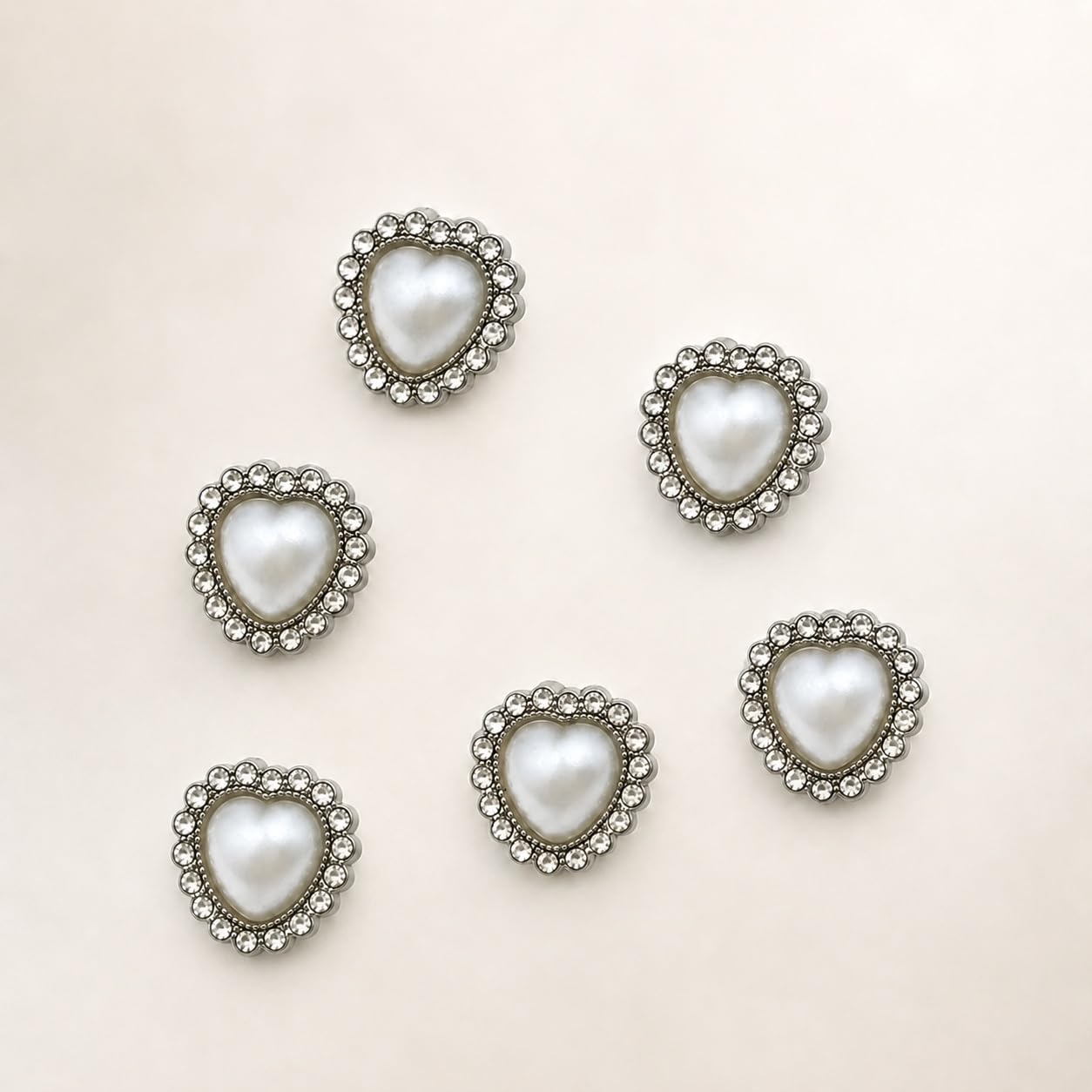 S.A.V.I Pearl Heart Rhinestone Shank Buttons Silver Tone 12mm | Set of 6, DIY Garment Crafts, For Blouses & Shirts, Decorative Fasteners