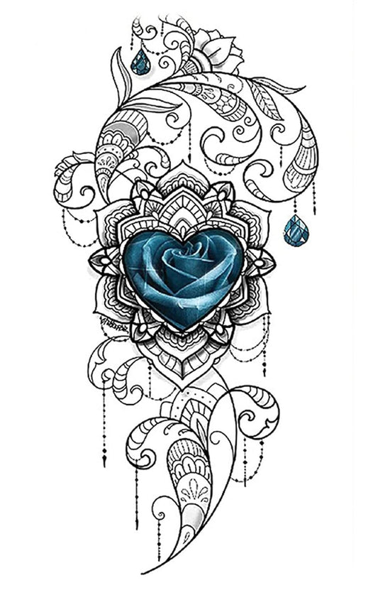 S.A.V.I Temporary Tattoo Stickers, Blue Rose Blue Diamond Hanging Pattern For Men, Women Size 21x11cm - 1Pc.