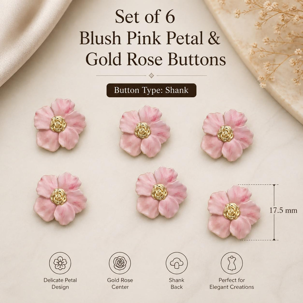 S.A.V.I Blush Pink Petal Gold Rose Shank Buttons 17.5mm | Set of 6, For Kurti & Blouse, DIY Sewing, Decorative Fasteners