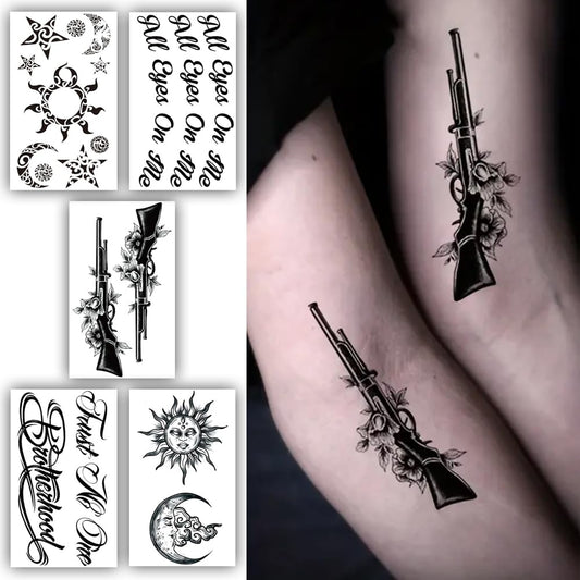 S.A.V.I Set of 5 Temporary Tattoo Sheets | Waterproof  Long-Lasting | 10.5x6 cm Tribal, Sun, Moon, Guns  Quotes Design | For Men  Women | Perfect for Parties, Festivals  Cosplay