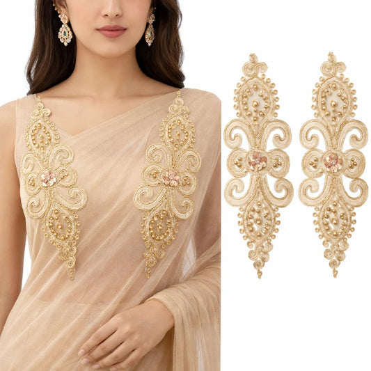 S.A.V.I Pair of Gold Embroidered Sew-On Applique 11 x 35 cm, Floral Paisley Design with Beads & Sequins, Fabric Patch for Blouse, Kurti, Gown & Saree Neckline (Golden)